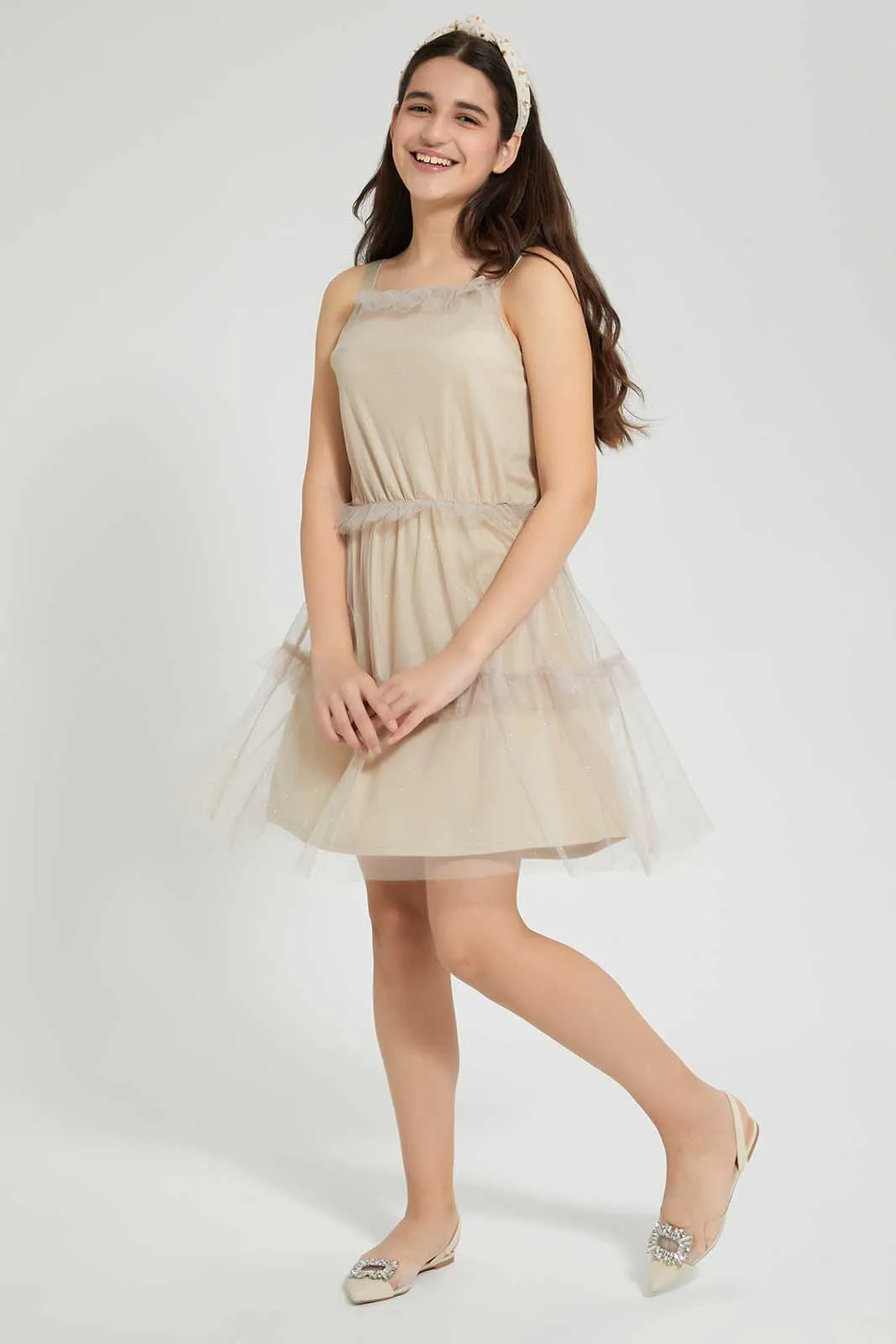 Beige Mesh Pleated Dress