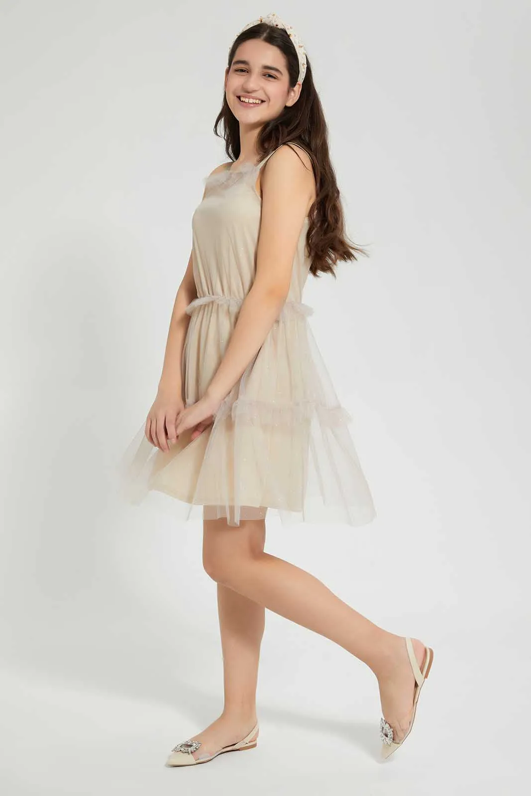 Beige Mesh Pleated Dress
