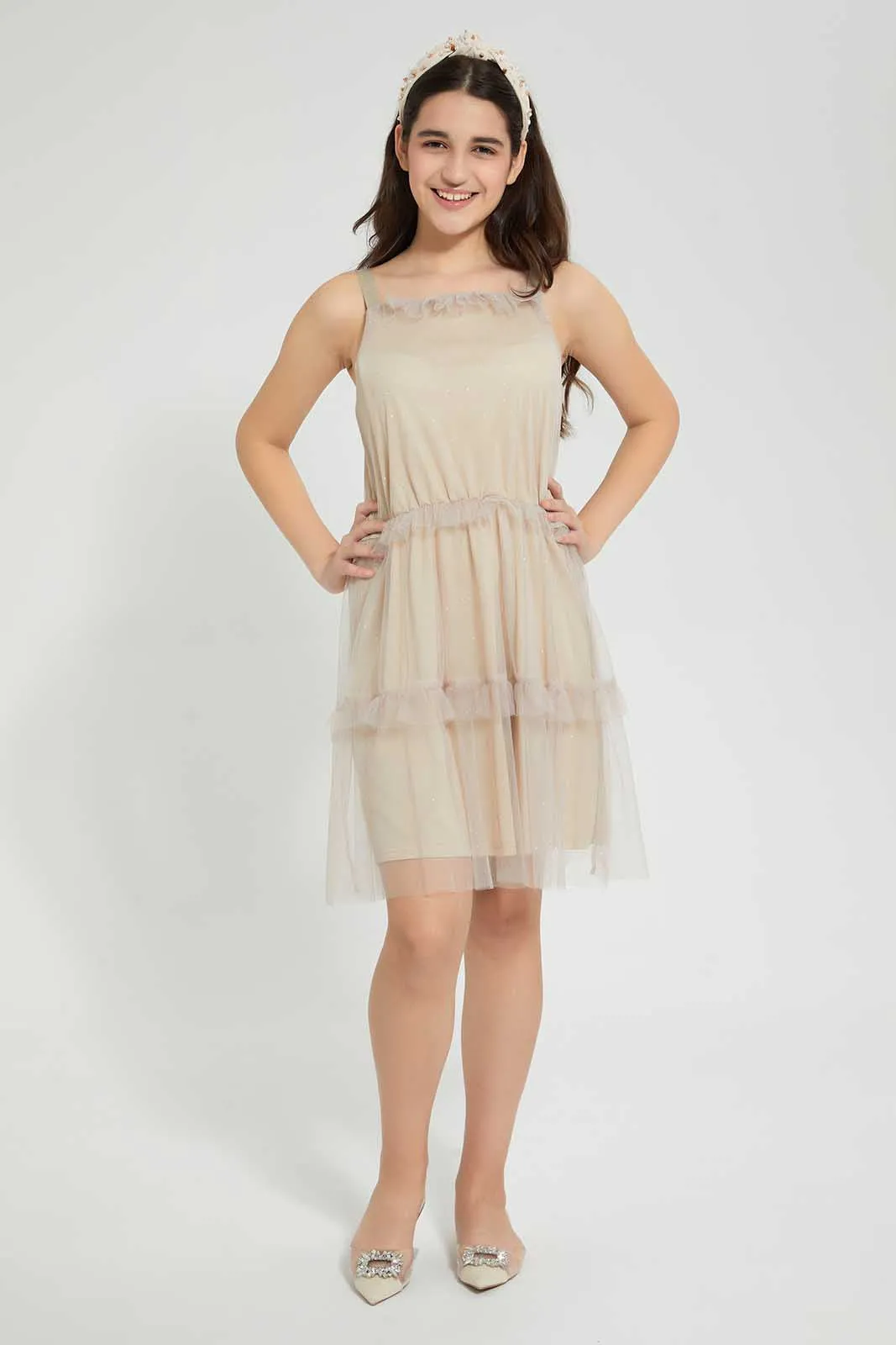 Beige Mesh Pleated Dress