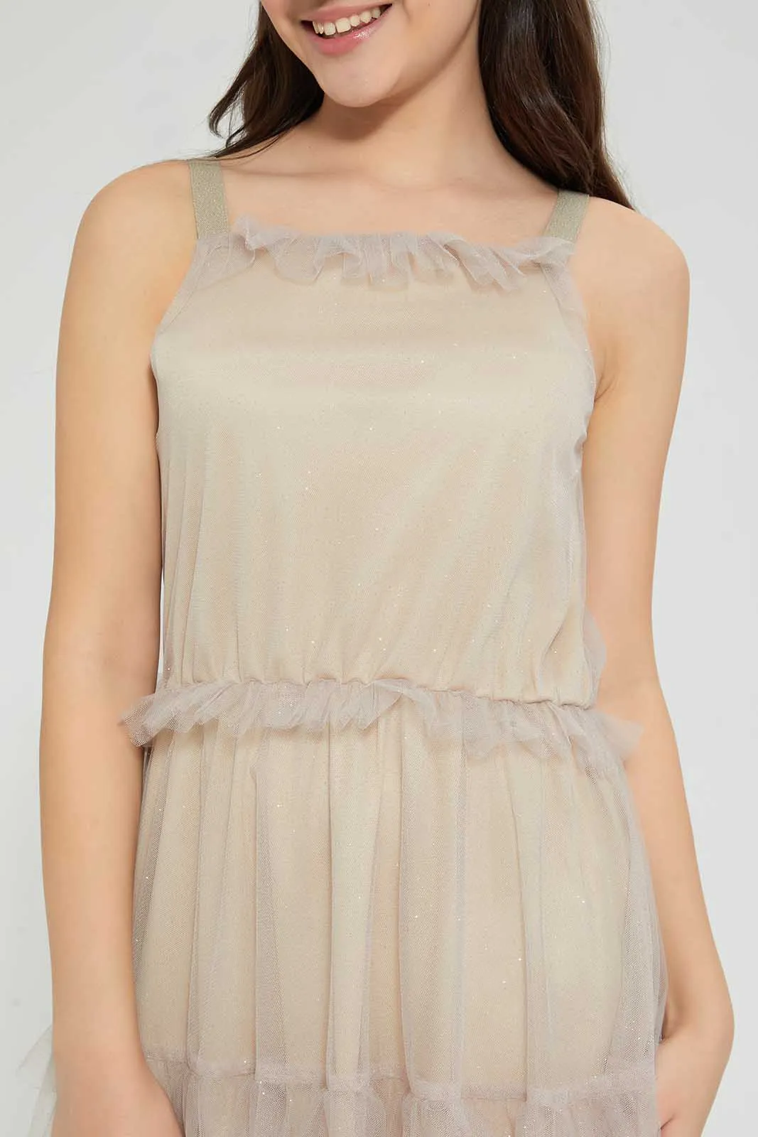 Beige Mesh Pleated Dress