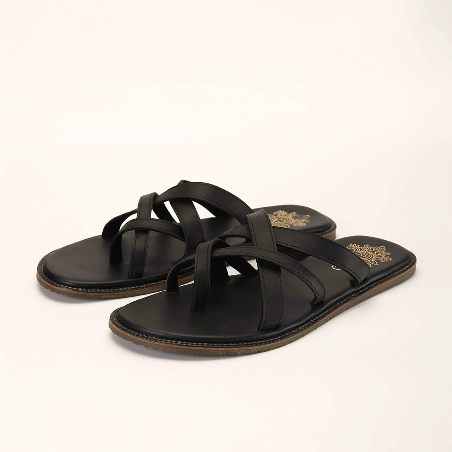 Black Flats In Rexine Leather With Criss Cross Straps
