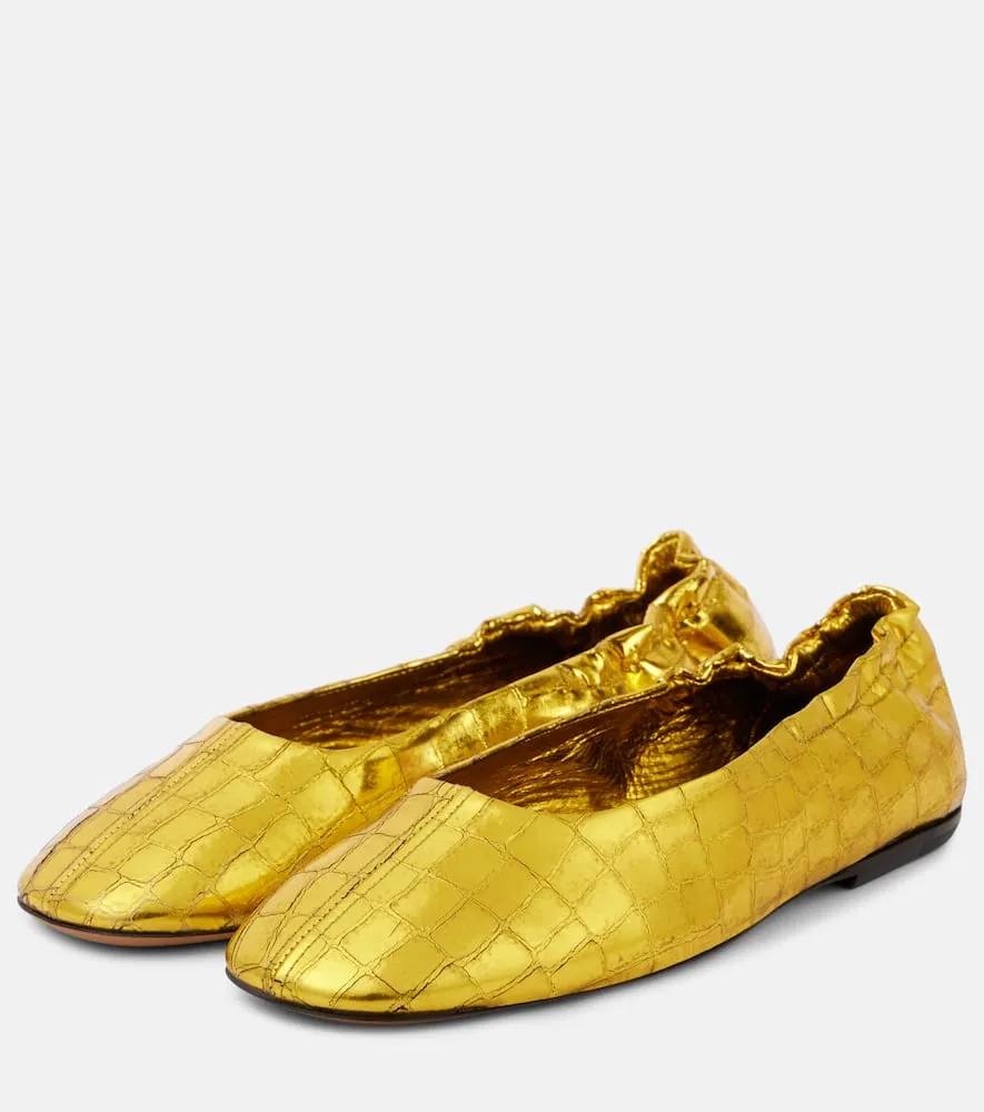 Dries Van Noten Croc-effect metallic leather ballet flats
