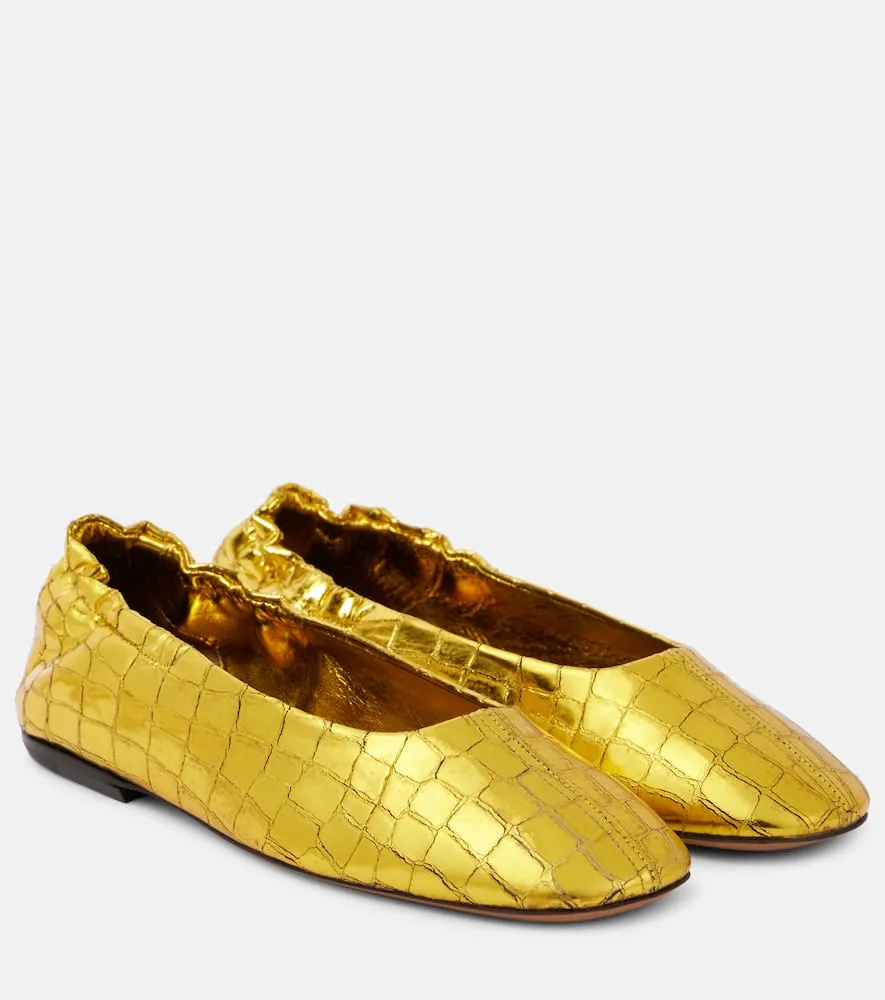 Dries Van Noten Croc-effect metallic leather ballet flats