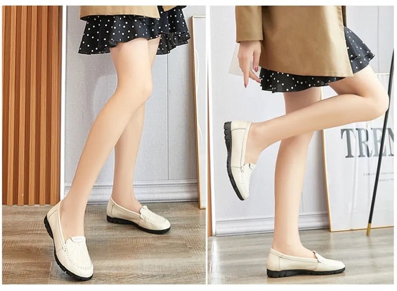 Hnzxzm 100% Genuine Leather Shoes Women Loafers Soft Comfortable Cow Leather Women Flats Brand Ladies Casual Shoes Plus Size 41 A4397